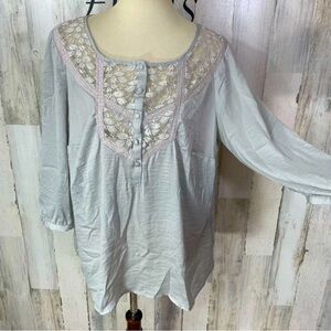 Avenue Light Gray Lace Yoke Button Front Blouse Women’s 14/16